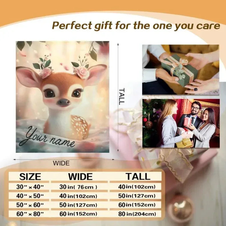 Personalized Deer Blanket | Custom Name | Christmas Wedding Floral Fawn Gift
