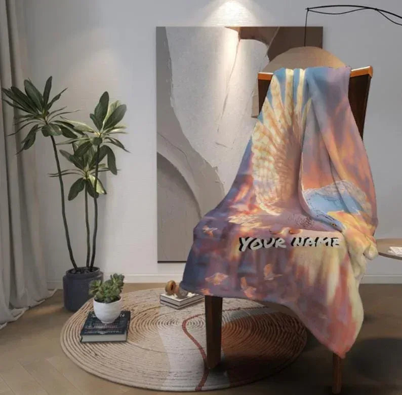 Personalized Snowy Owl Blanket | Custom Name | Majestic White Owl in Flight Sunset Sky Fleece Throw Gift