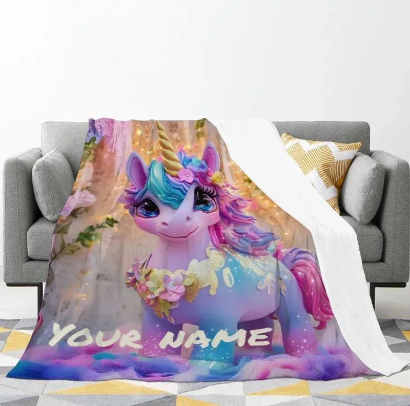 Personalized Unicorn Blanket | Custom Name | Baby Unicorn Rainbow Mane Floral Garden Sparkle 3D Flannel Fleece Throw Gift
