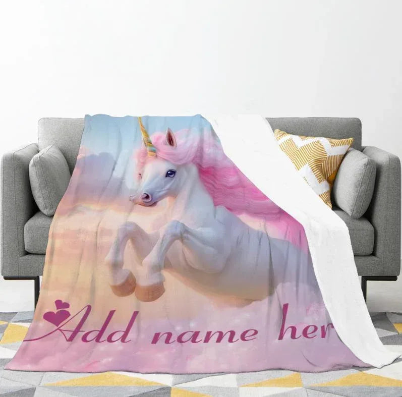 Personalized Pastel Unicorn Horse Blanket | Custom Name | Pink Blue Gradient 310gsm Fleece Throw Gift