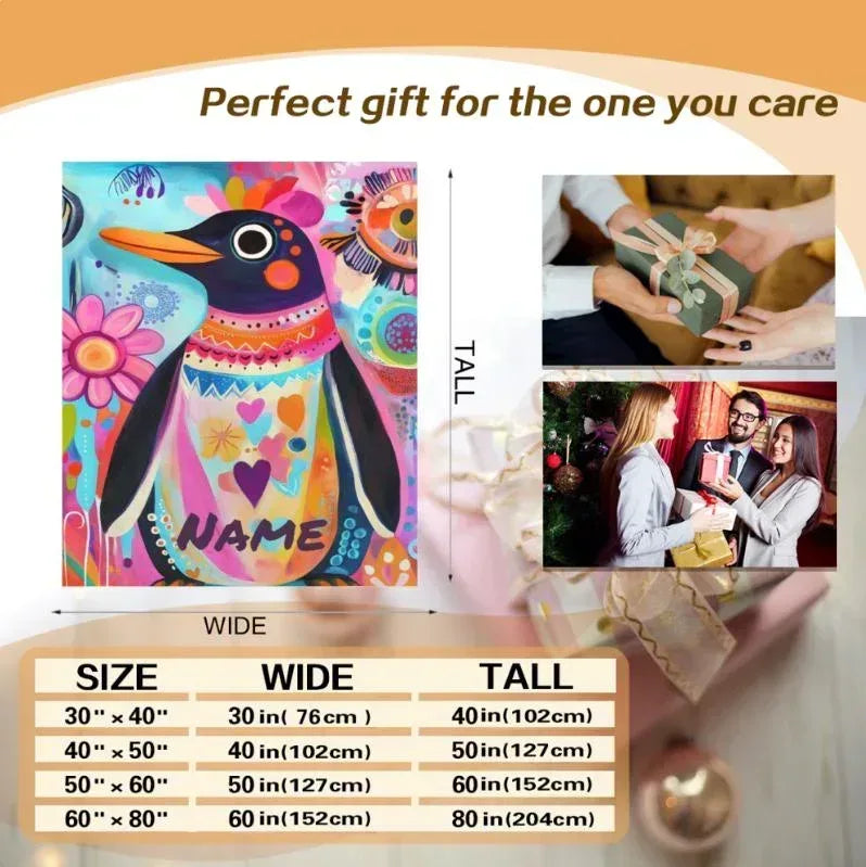 Personalized Penguin Blanket | Custom Name | Colorful Arctic Animal 310gsm Fleece Throw Gift