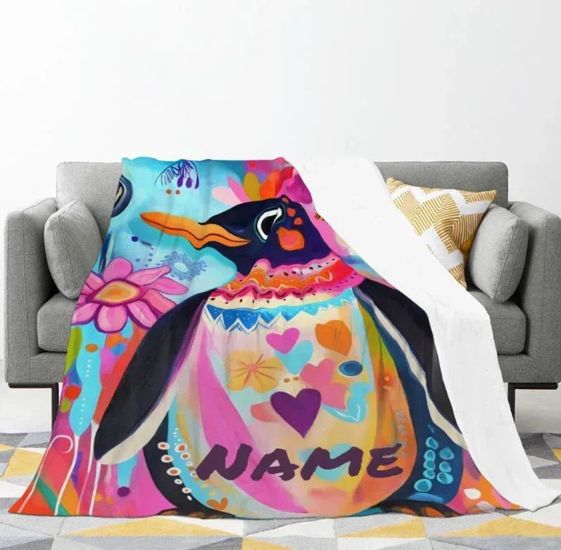 Personalized Penguin Blanket | Custom Name | Colorful Arctic Animal 310gsm Fleece Throw Gift