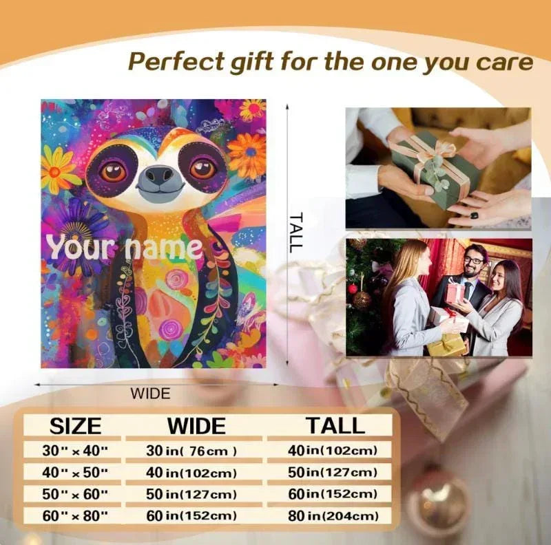 Personalized Sloth Blanket | Custom Name | Tropical Floral 310gsm Fleece Throw Gift
