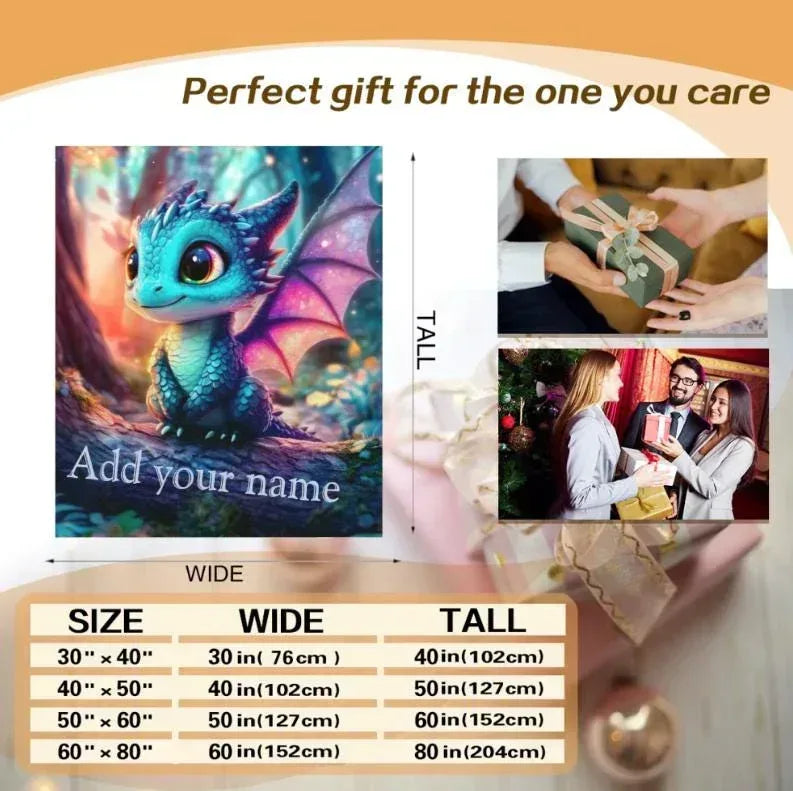 Personalized Blue Dragon Blanket | Custom Name | Magical Fantasy Fleece Throw Gift