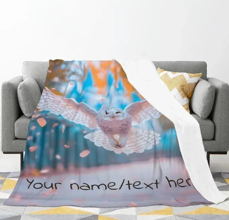 Personalized Winged Owl Blanket | Custom Name | Blue Fantasy Fleece Throw Gift
