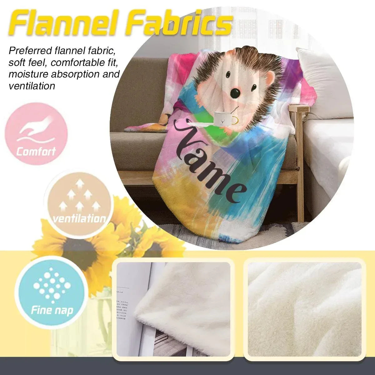 Personalized Hedgehog Blanket | Custom Name | Whimsical Plaid Patchwork Hedgehog Cursive Name Fleece Throw Gift