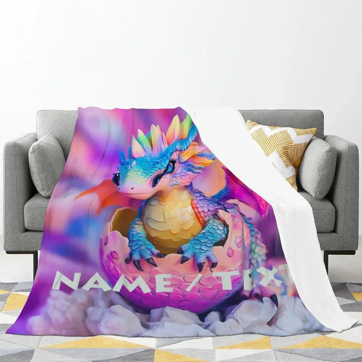 Personalized Dragon Blanket | Custom Name | Baby Dragon Hatching From Egg Rainbow Crest Purple Pink Sky 310gsm Fleece Throw Gift
