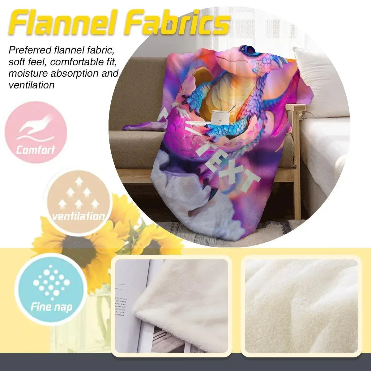 Personalized Dragon Blanket | Custom Name | Baby Dragon Hatching From Egg Rainbow Crest Purple Pink Sky 310gsm Fleece Throw Gift