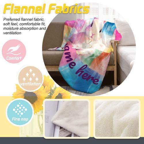 Personalized White Bunny Blanket | Custom Name | Pastel Patchwork Rainbow Rabbit Fleece Throw Gift