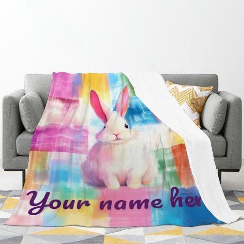 Personalized White Bunny Blanket | Custom Name | Pastel Patchwork Rainbow Rabbit Fleece Throw Gift