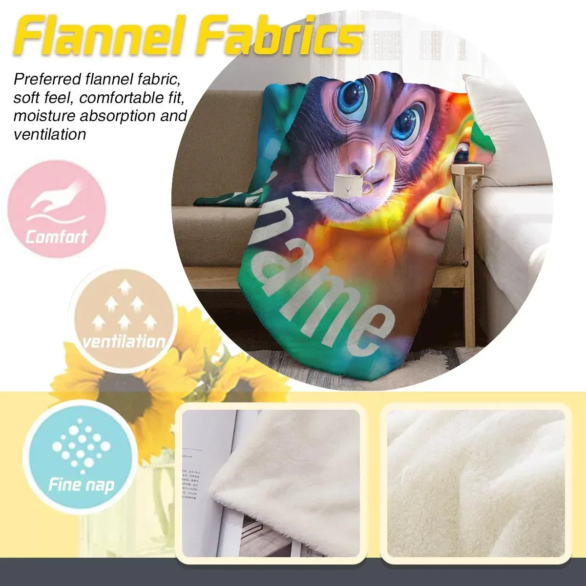 Personalized Monkey Blanket | Custom Name | Baby Monkey and Lion Cub Jungle Fleece Throw Gift