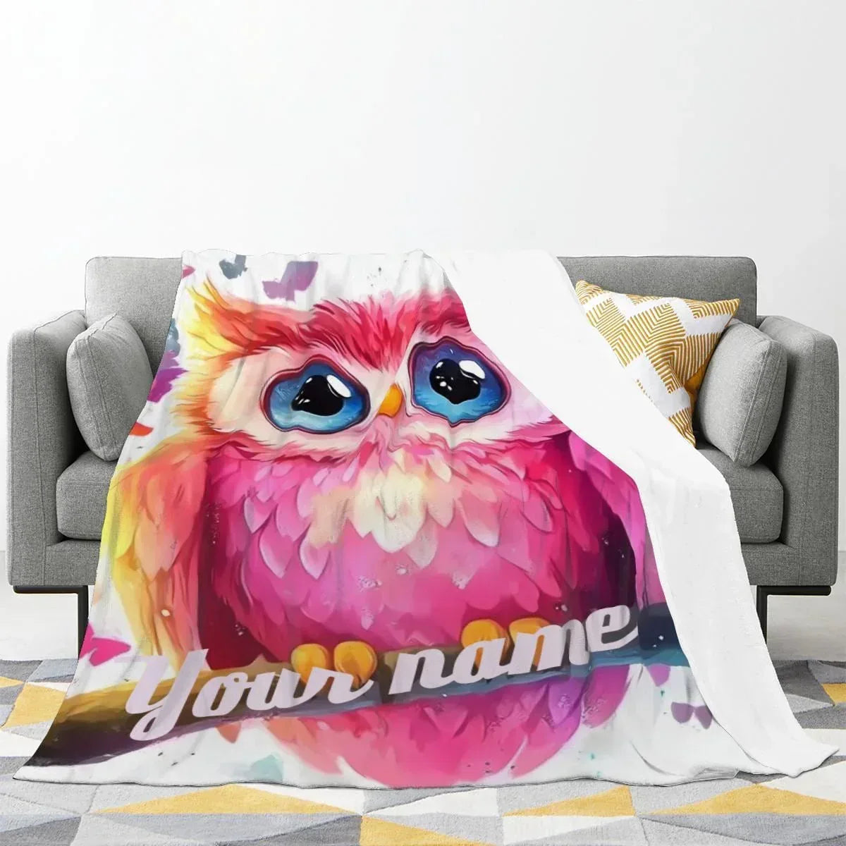 Personalized Pink Owl Blanket | Custom Name | Blue-Eyed Colorful Feather Fleece Throw Gift