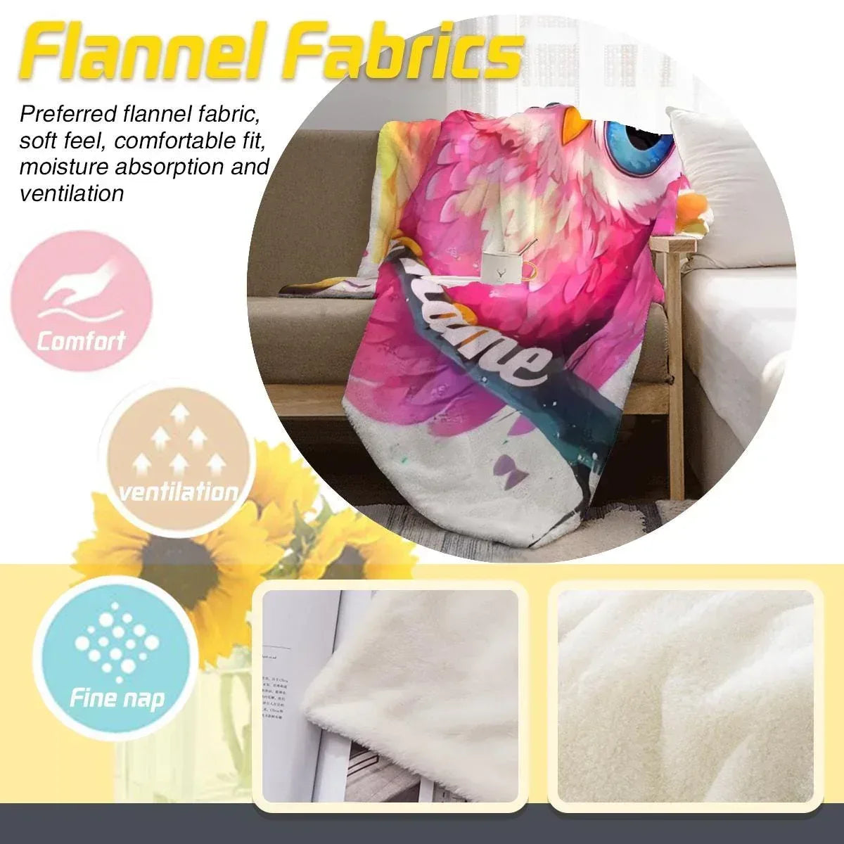 Personalized Pink Owl Blanket | Custom Name | Blue-Eyed Colorful Feather Fleece Throw Gift