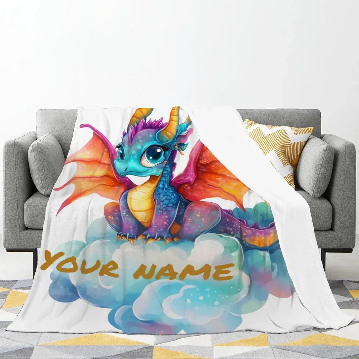 Personalized Girl Dragon Blanket | Custom Name | Blue Rainbow Unicorn Cloud 310gsm Fleece Throw Gift