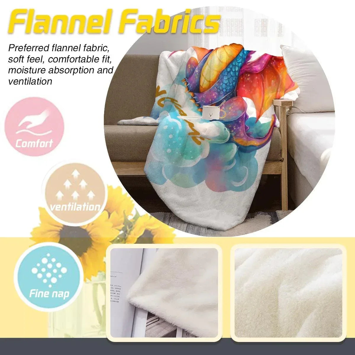 Personalized Girl Dragon Blanket | Custom Name | Blue Rainbow Unicorn Cloud 310gsm Fleece Throw Gift