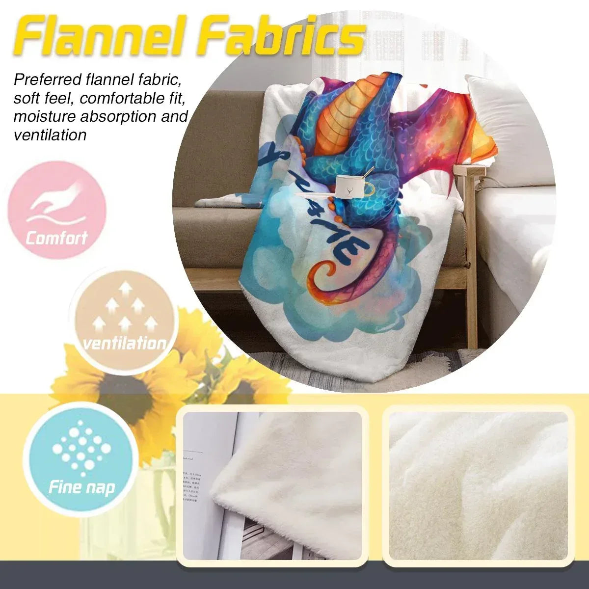 Personalized Dragon Blanket | Custom Name | Cute Baby Dragon Sitting on Cloud Orange Wings Teal Blue Big Eyes White Background Fleece Throw Gift