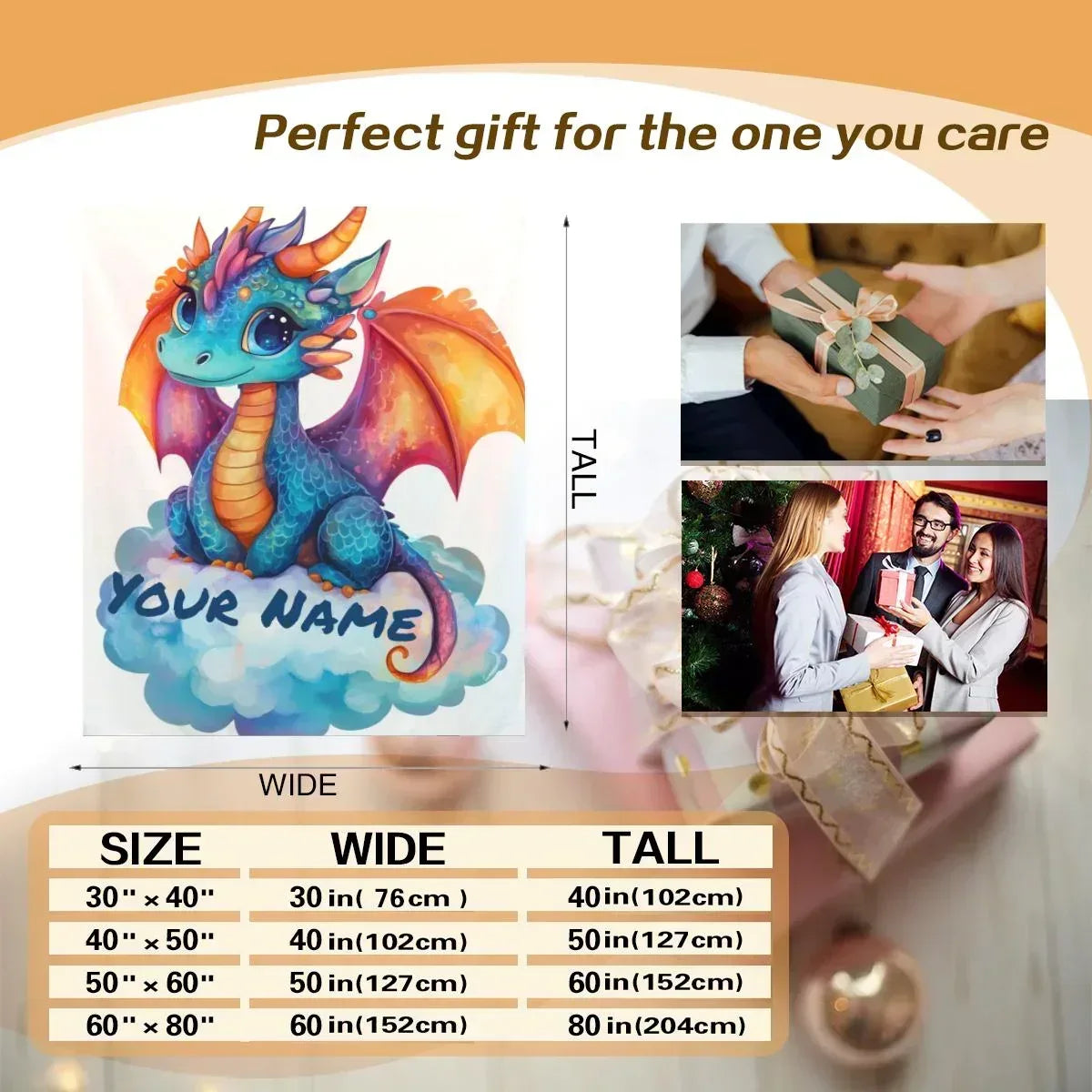 Personalized Dragon Blanket | Custom Name | Cute Baby Dragon Sitting on Cloud Orange Wings Teal Blue Big Eyes White Background Fleece Throw Gift