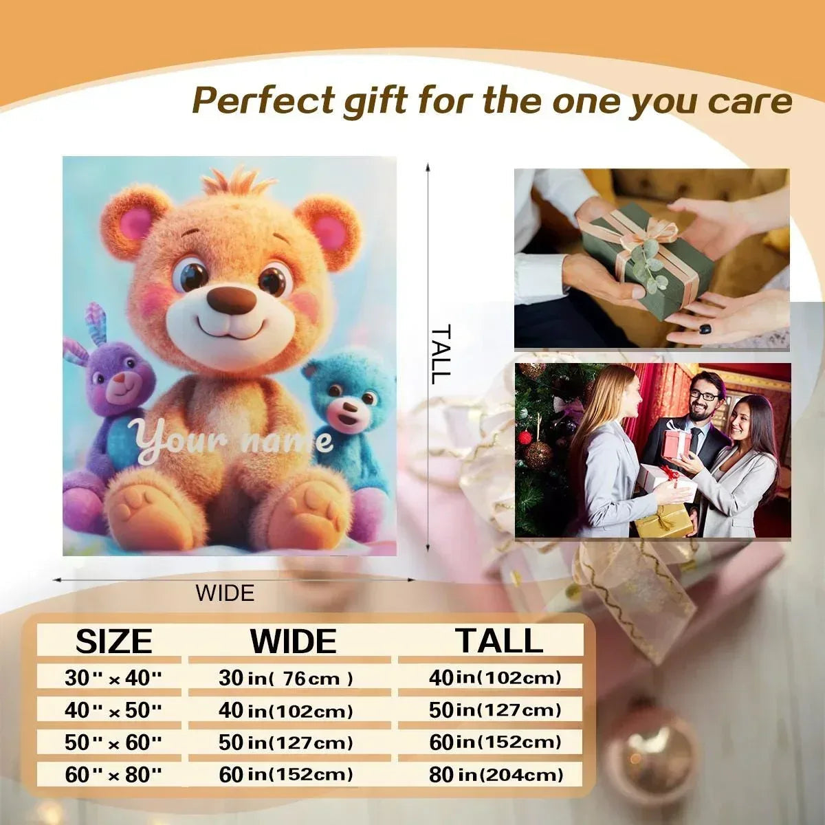 Personalized Teddy Bear Blanket | Custom Name | Fluffy Golden Bear Purple Bunny Blue Bear Fleece Throw Gift