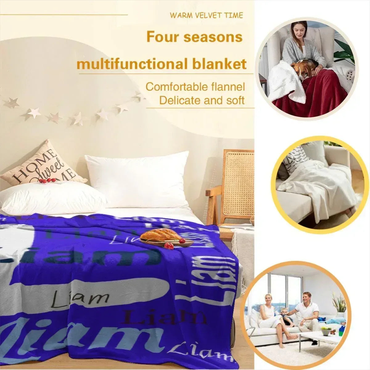 Personalized Name & Initial Letter Blanket | Custom Name | Vivid Royal Blue All-Over Name Pattern Fleece Throw Gift