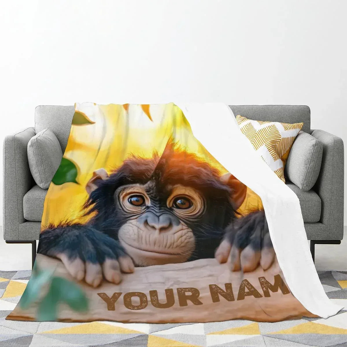 Personalized Baby Chimpanzee Blanket | Custom Name | Cheeky Chimp Peeking Over Log Yellow Jungle Fleece Throw Gift