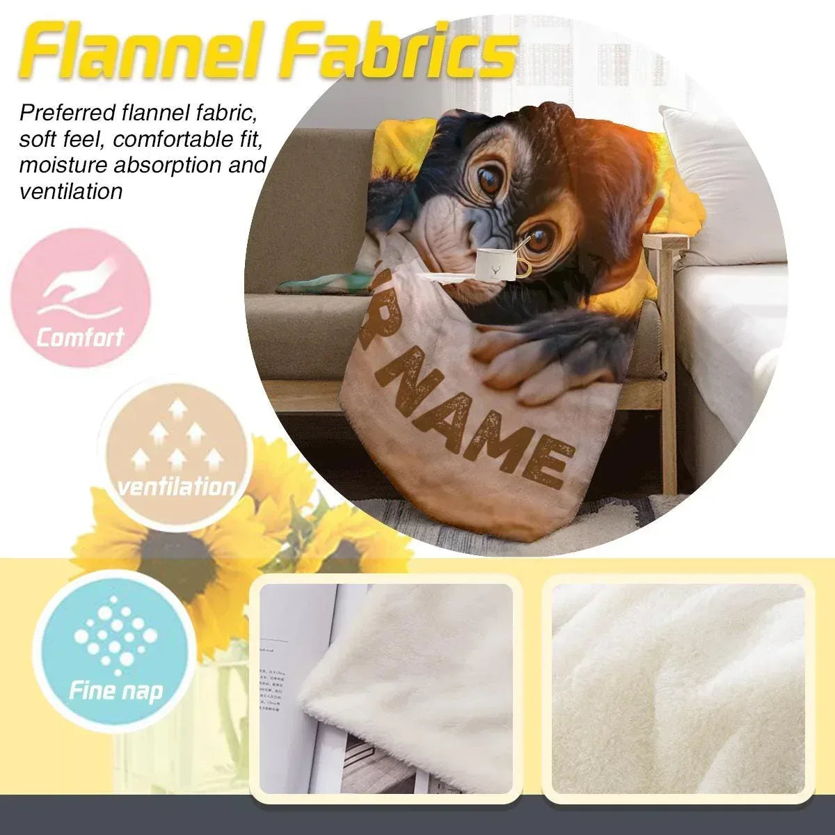 Personalized Baby Chimpanzee Blanket | Custom Name | Cheeky Chimp Peeking Over Log Yellow Jungle Fleece Throw Gift