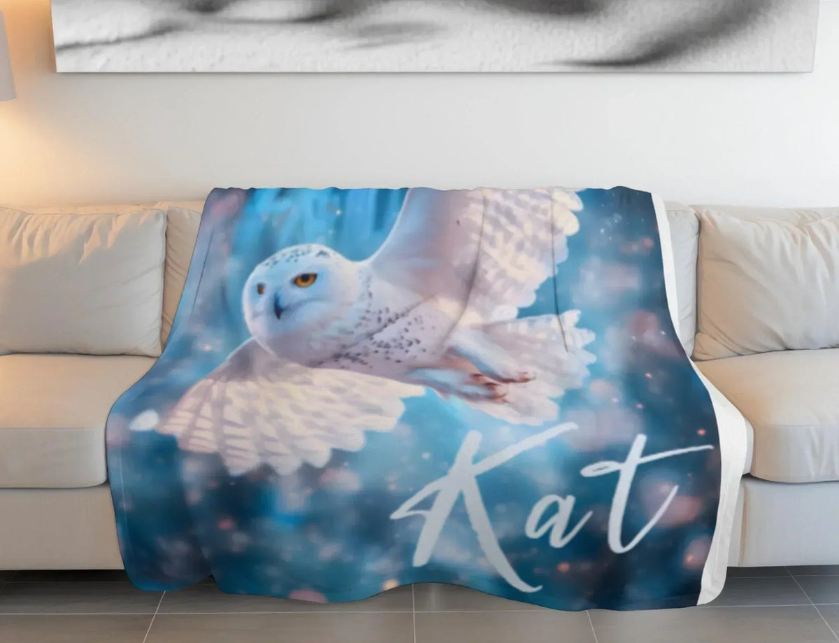 Personalized Snowy Owl Blanket | Custom Name | Blue Galaxy Fleece Throw Gift