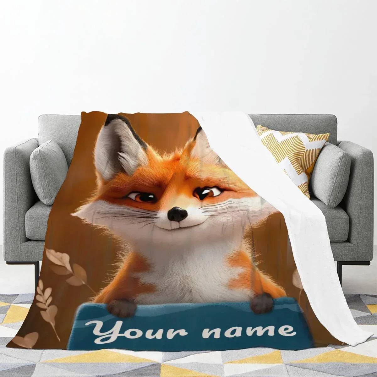 Personalized Fox Blanket | Custom Name | Cute 3D Fox Holding Teal Name Banner Autumn Woodland Flannel Fleece Throw Gift