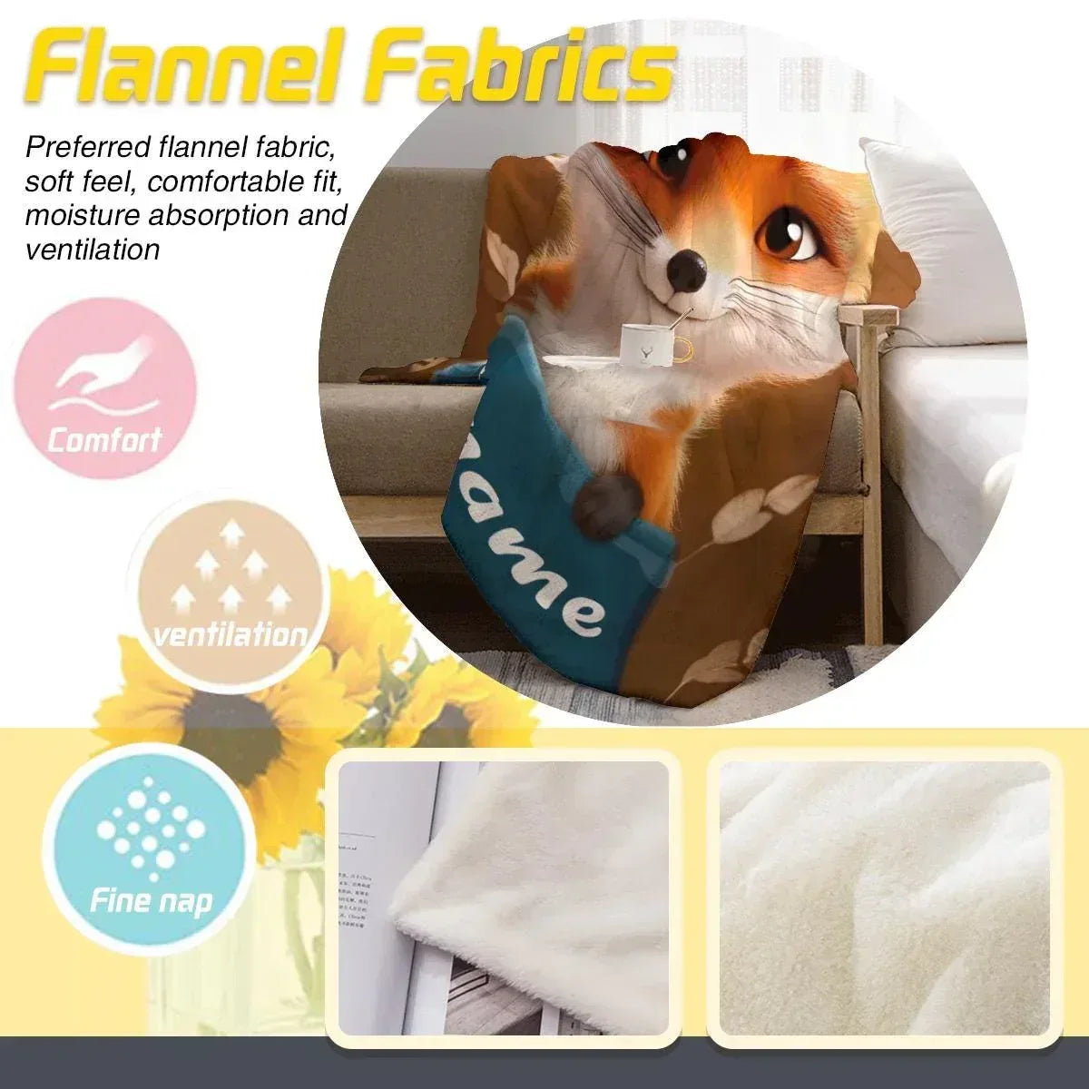 Personalized Fox Blanket | Custom Name | Cute 3D Fox Holding Teal Name Banner Autumn Woodland Flannel Fleece Throw Gift