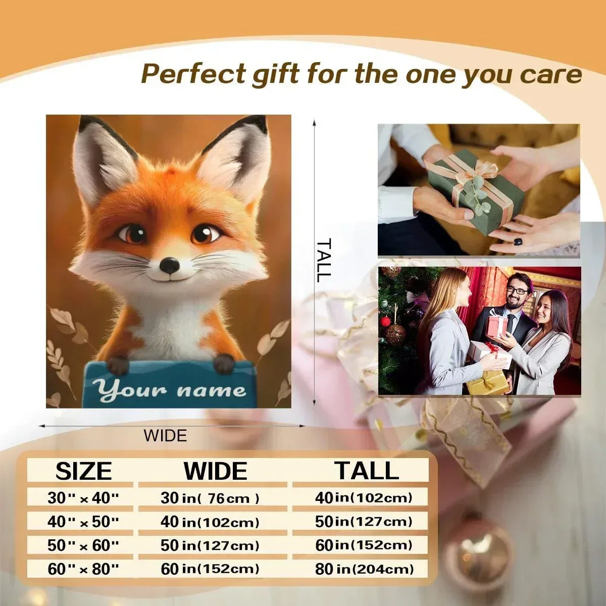 Personalized Fox Blanket | Custom Name | Cute 3D Fox Holding Teal Name Banner Autumn Woodland Flannel Fleece Throw Gift