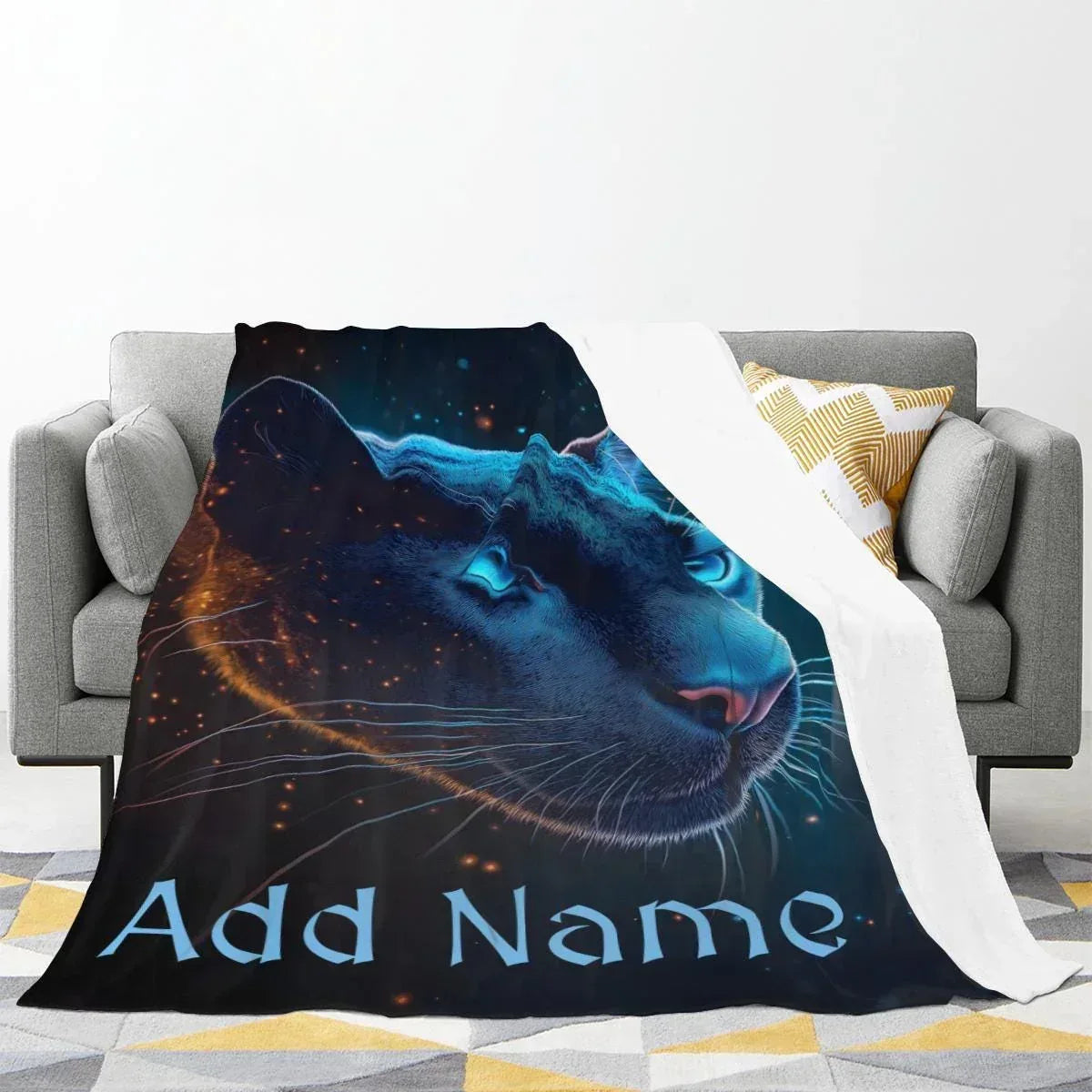 Personalized Black Panther Blanket | Custom Name | Cosmic Portrait Glowing Teal Eyes Starry Night Flannel Fleece Throw Gift