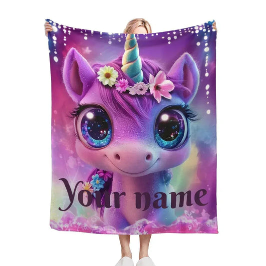 Personalized Unicorn Blanket | Custom Name | Cute Baby Unicorn Galaxy Eyes Floral Crown Purple Magic Fleece Throw Gift