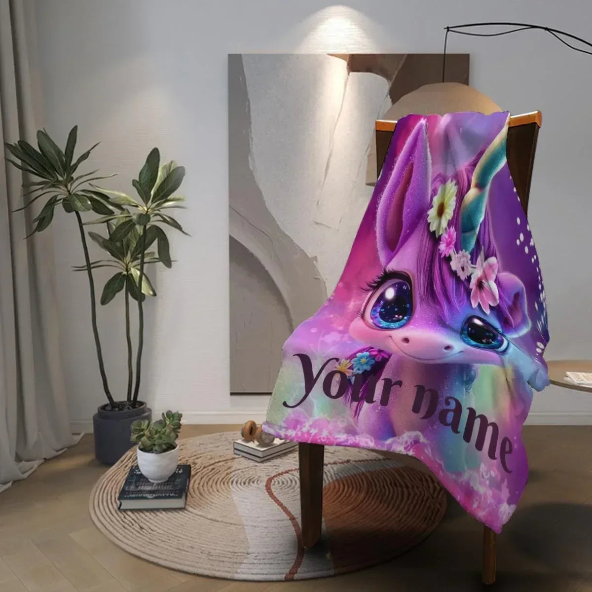 Personalized Unicorn Blanket | Custom Name | Cute Baby Unicorn Galaxy Eyes Floral Crown Purple Magic Fleece Throw Gift