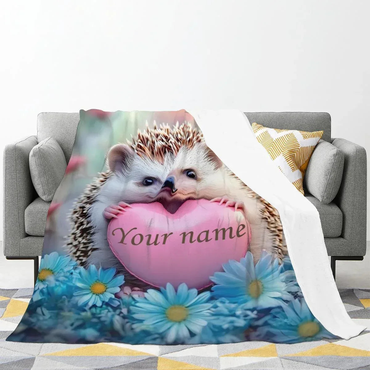 Personalized Hedgehog Blanket | Custom Name on Pink Heart | Blue Daisies Romantic Fleece Throw Gift
