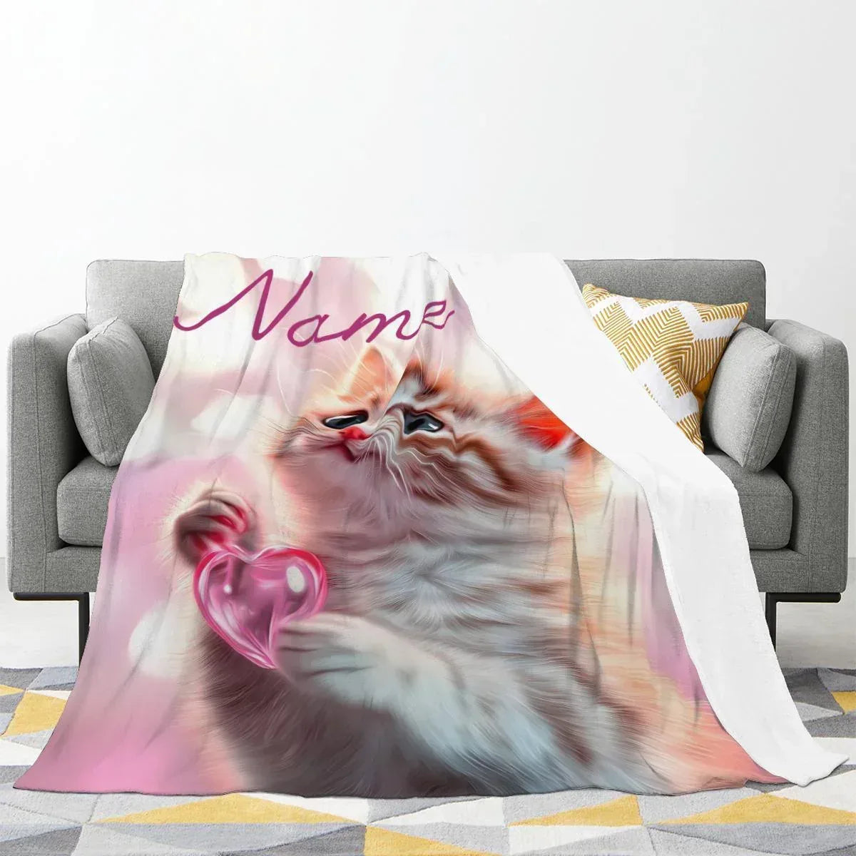 Personalized Kitten Blanket | Custom Name | Fluffy Tabby Kitten Pink Glass Heart Blush Fleece Throw Gift