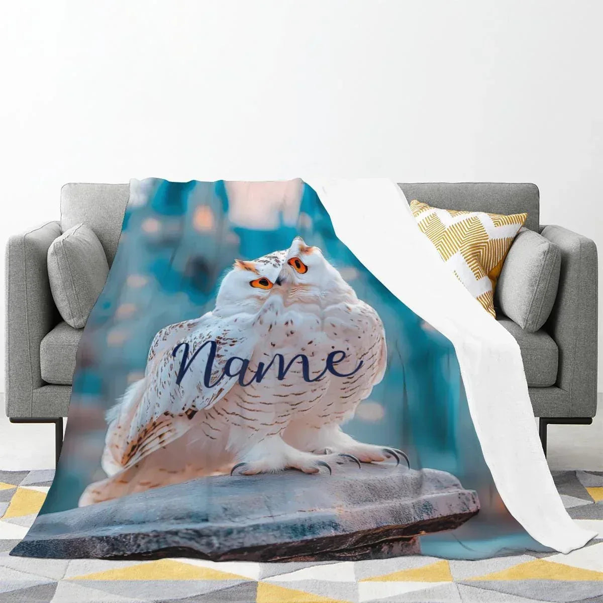 Personalized Snowy Owl Blanket | Custom Name | White Owl Amber Eyes Teal Magical Fleece Throw Gift