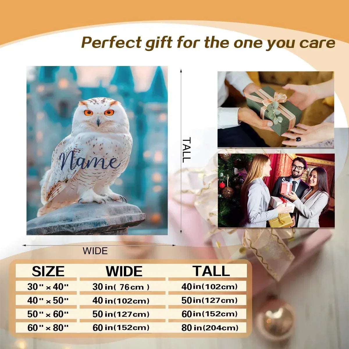 Personalized Snowy Owl Blanket | Custom Name | White Owl Amber Eyes Teal Magical Fleece Throw Gift