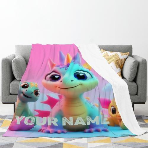 Personalized Dragon Blanket | Custom Name | Cute Pastel Baby Dragon Trio Rainbow Kawaii Fleece Throw Gift