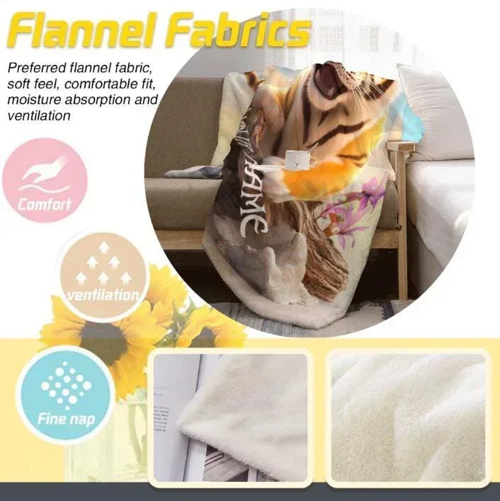Personalized Tiger Cub Blanket | Custom Name | Blue Floral 310gsm Fleece Throw Gift