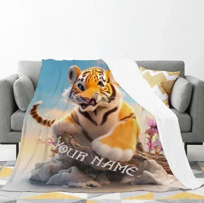 Personalized Tiger Cub Blanket | Custom Name | Blue Floral 310gsm Fleece Throw Gift