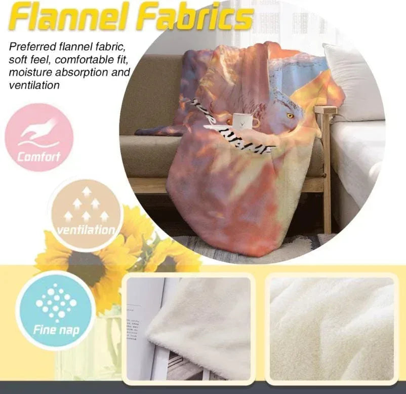 Personalized Snowy Owl Blanket | Custom Name | Majestic White Owl in Flight Sunset Sky Fleece Throw Gift