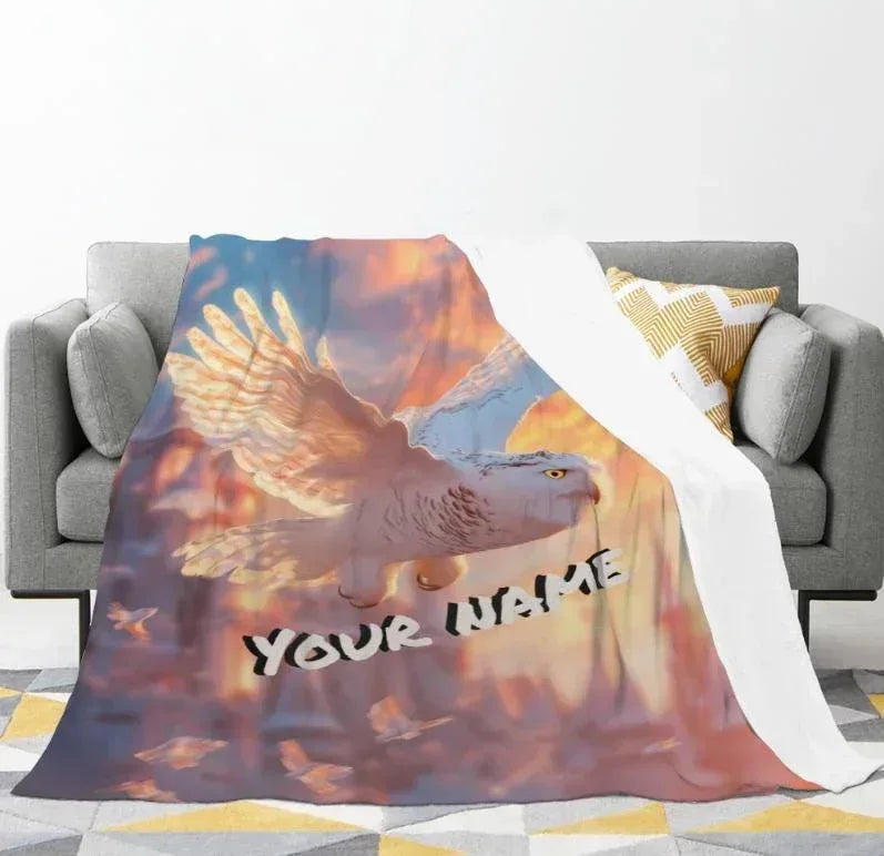 Personalized Snowy Owl Blanket | Custom Name | Majestic White Owl in Flight Sunset Sky Fleece Throw Gift