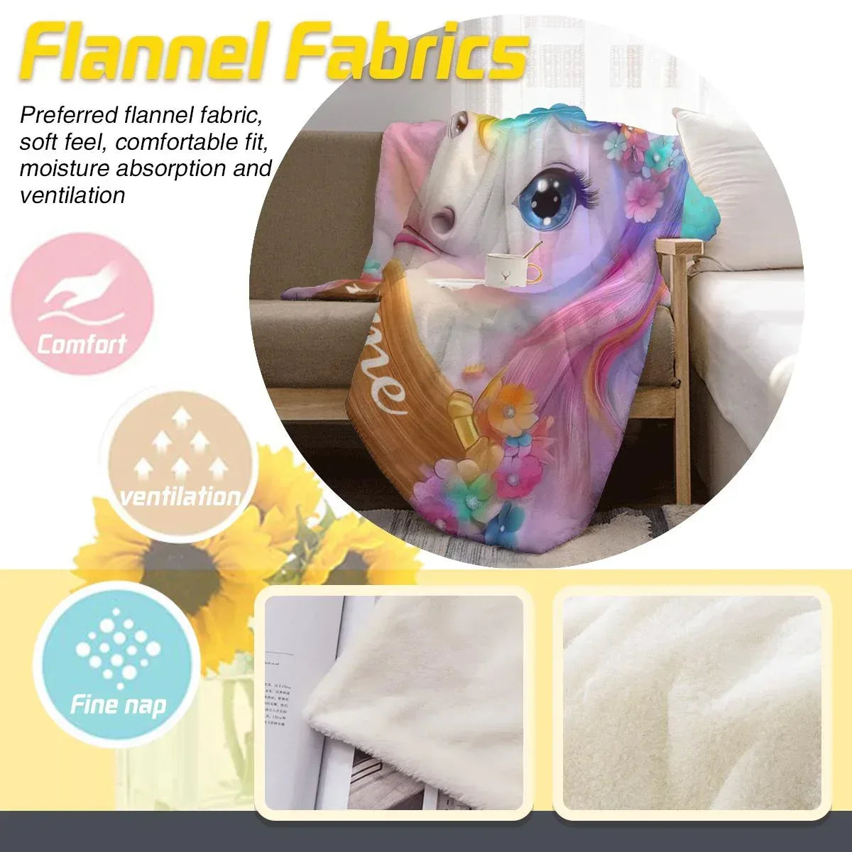 Personalized Unicorn Blanket | Custom Name | Rainbow Mane Blue Eyes Gold Horn Fleece Throw Gift for Girls