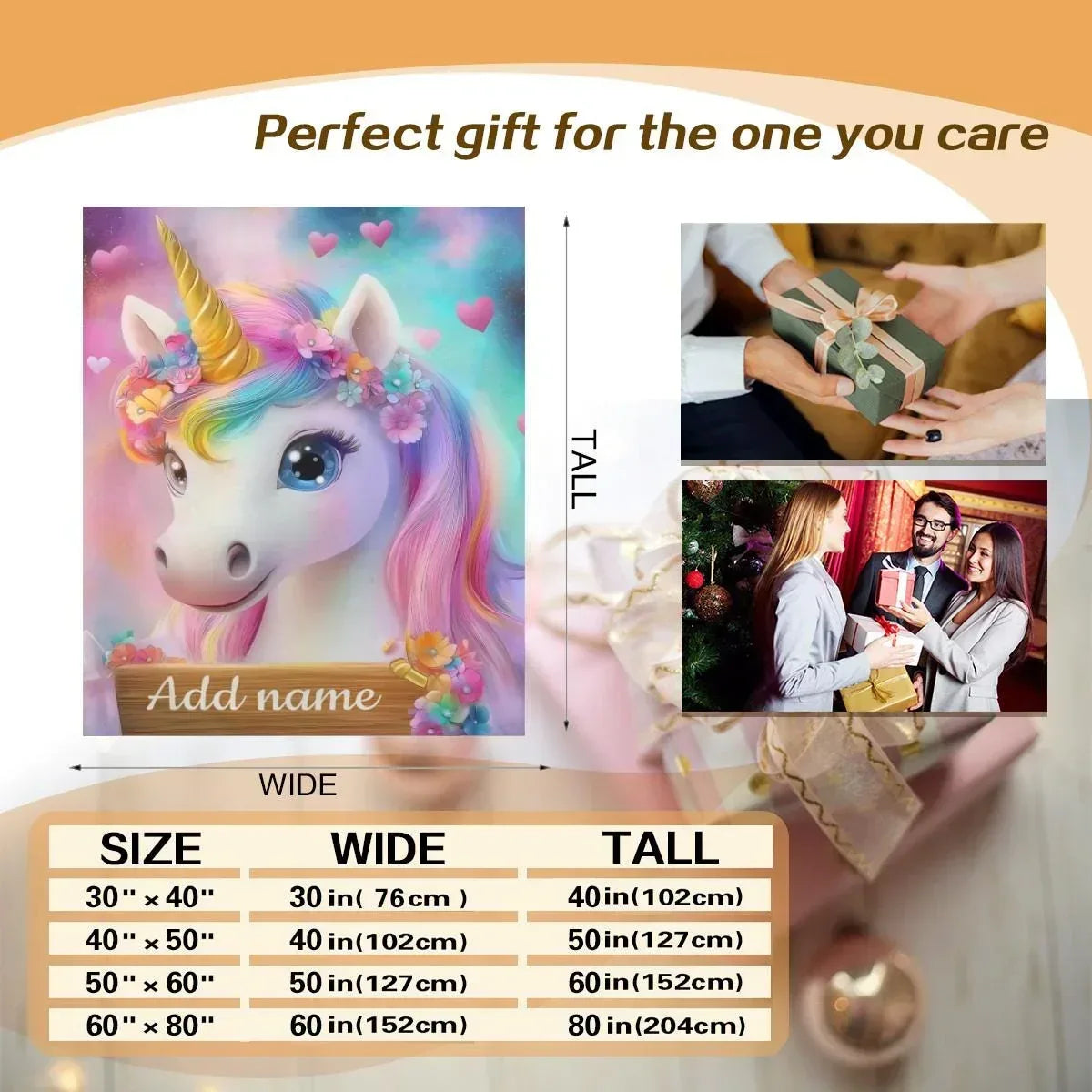 Personalized Unicorn Blanket | Custom Name | Rainbow Mane Blue Eyes Gold Horn Fleece Throw Gift for Girls