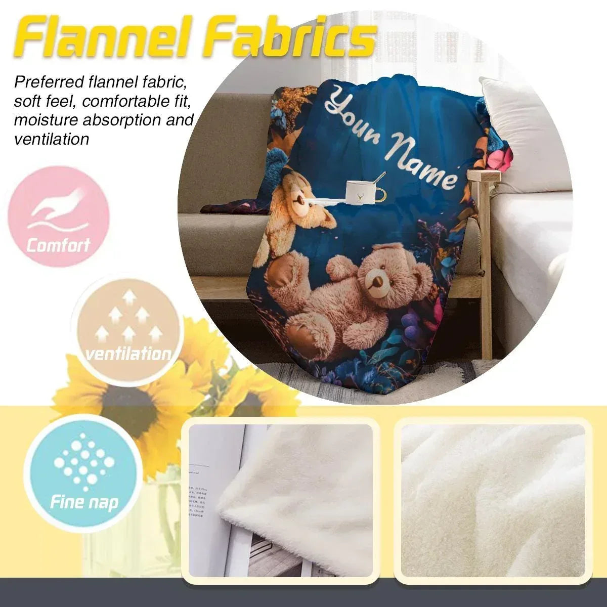 Personalized Teddy Bear Blanket | Custom Name | Three Plush Bears Botanical Border Deep Teal Fleece Throw Gift