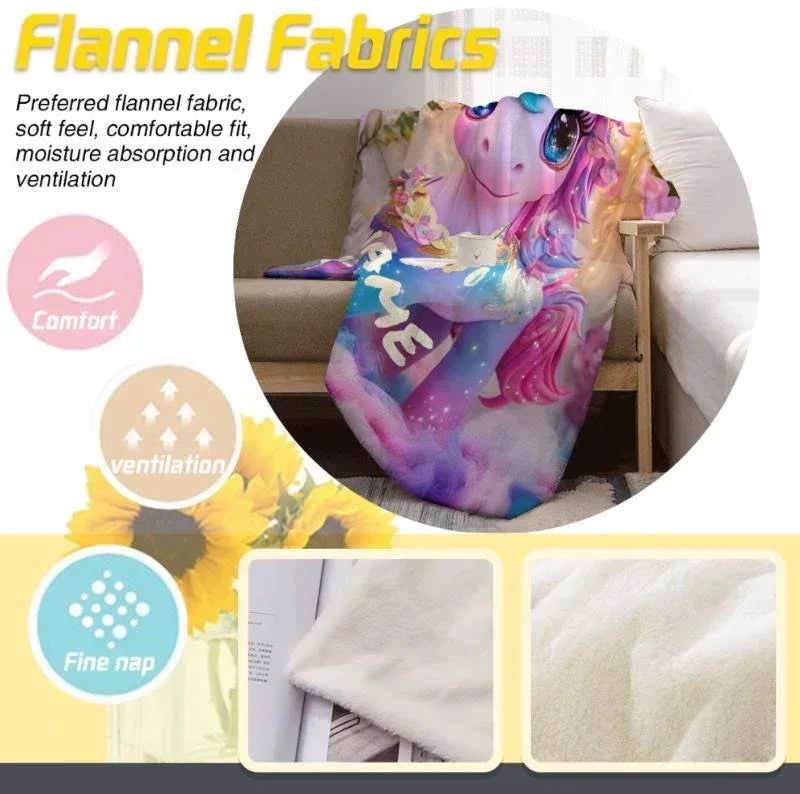 Personalized Unicorn Blanket | Custom Name | Baby Unicorn Rainbow Mane Floral Garden Sparkle 3D Flannel Fleece Throw Gift