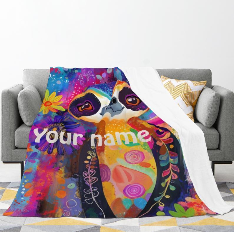 Personalized Sloth Blanket | Custom Name | Tropical Floral 310gsm Fleece Throw Gift