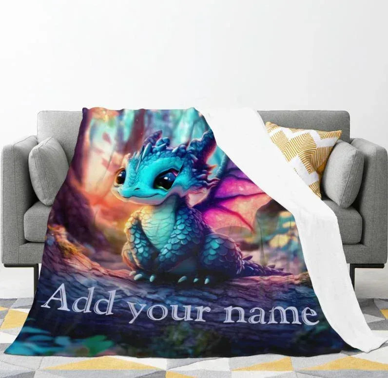 Personalized Blue Dragon Blanket | Custom Name | Magical Fantasy Fleece Throw Gift
