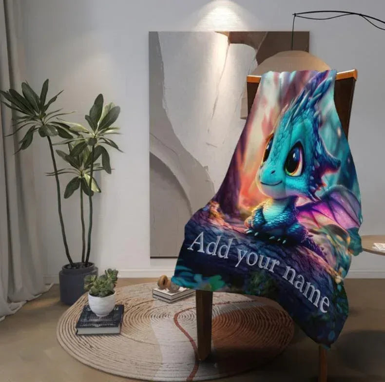 Personalized Blue Dragon Blanket | Custom Name | Magical Fantasy Fleece Throw Gift