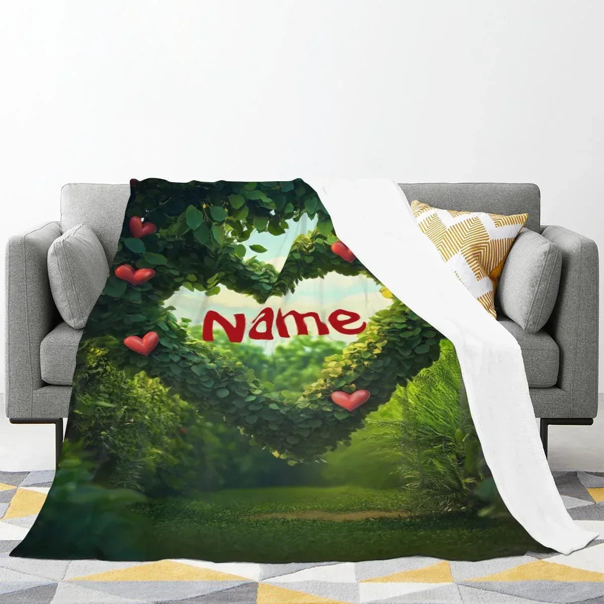 Personalized Garden Heart Blanket | Custom Name | Lush Green Topiary Heart Romantic Fleece Throw Gift