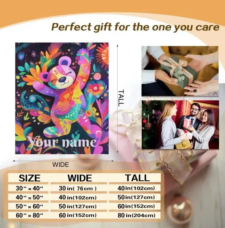 Personalized Patchwork Teddy Bear Blanket | Custom Name | Colorful Floral Fleece Throw Gift